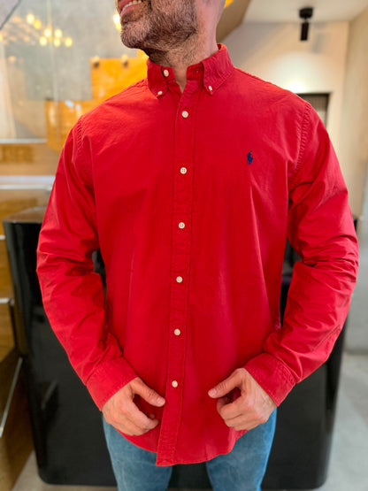 Camisa Polo R.L hombre Oxford Roja Caballo Azul