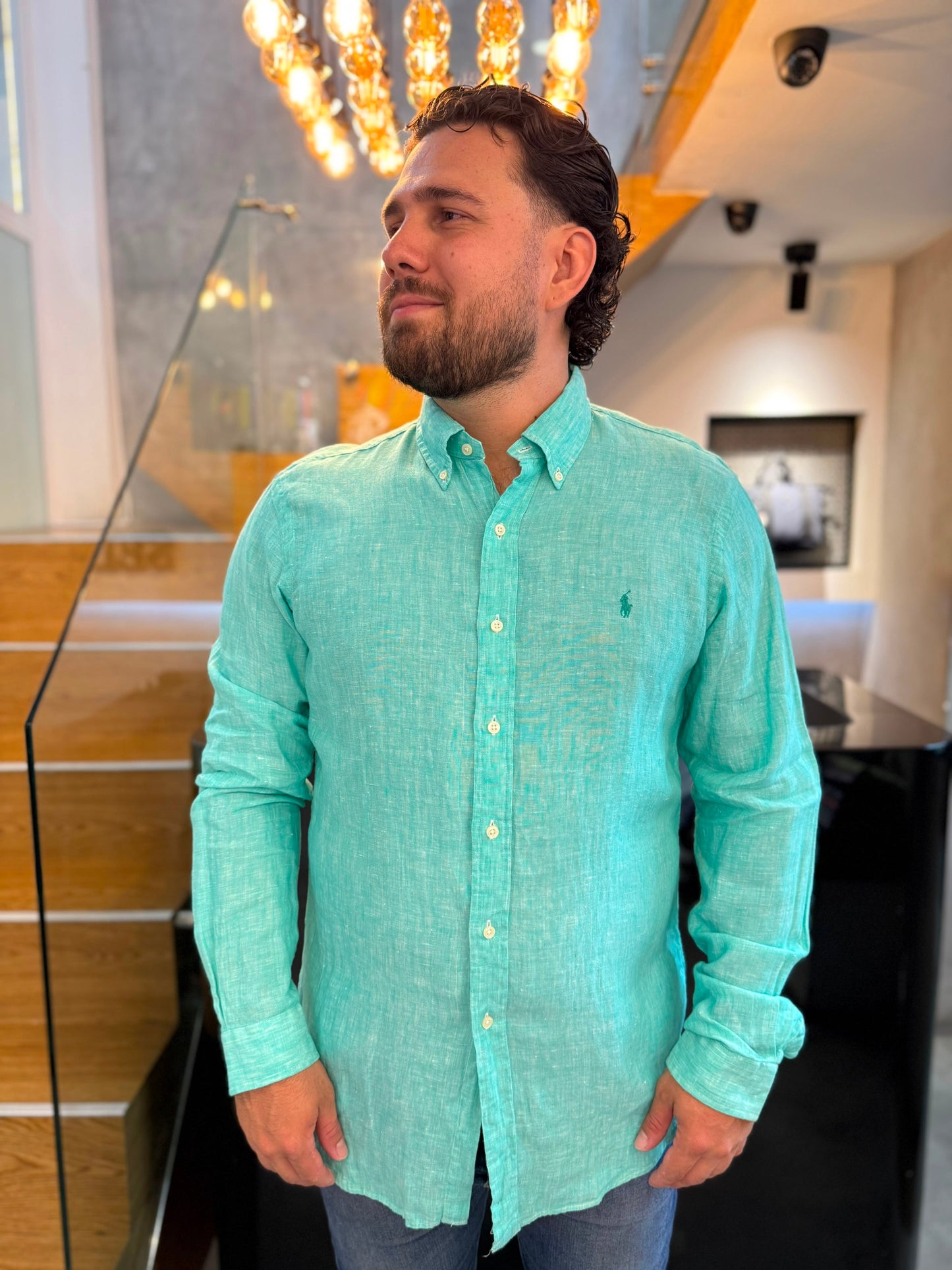 Camisa Polo R.L hombre Lino Verde Menta Caballo Verde Menta