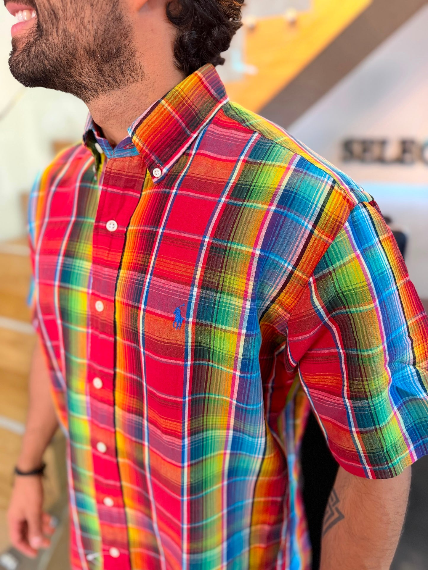 Camisa Polo R.L hombre Manga Corta Lino Cuadros Rojos Caballo Azul