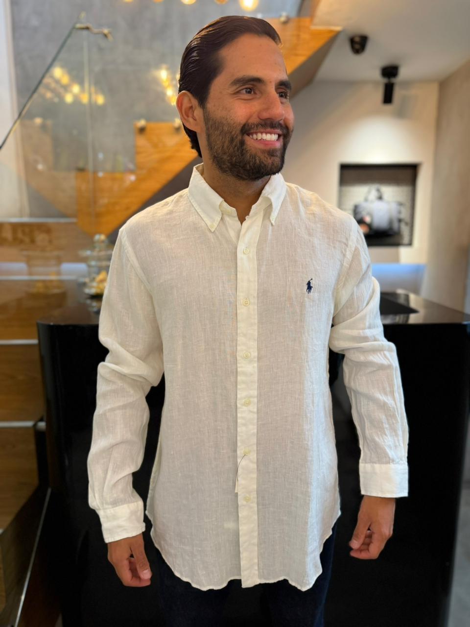 Camisa Polo R.L hombre Lino Blanca Caballo Azul
