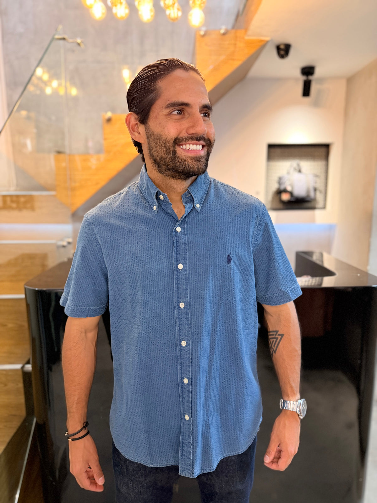 Camisa Polo R.L hombre Manga Corta Galleta Azul Caballo Azul