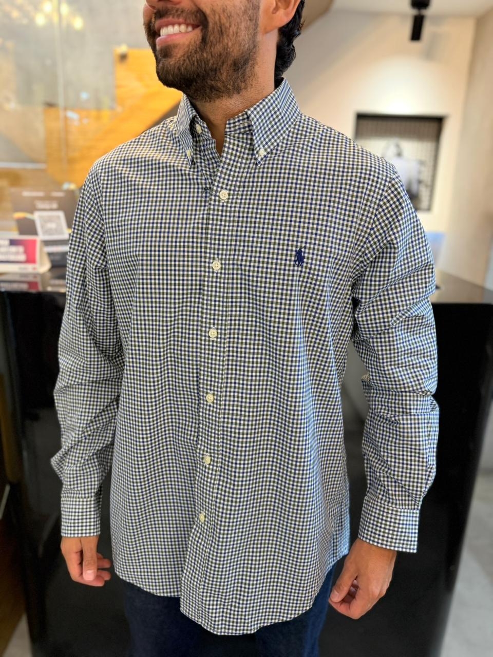 Camisa Polo R.L hombre Algodón Cuadros Verdes Con Azul Caballo Azul