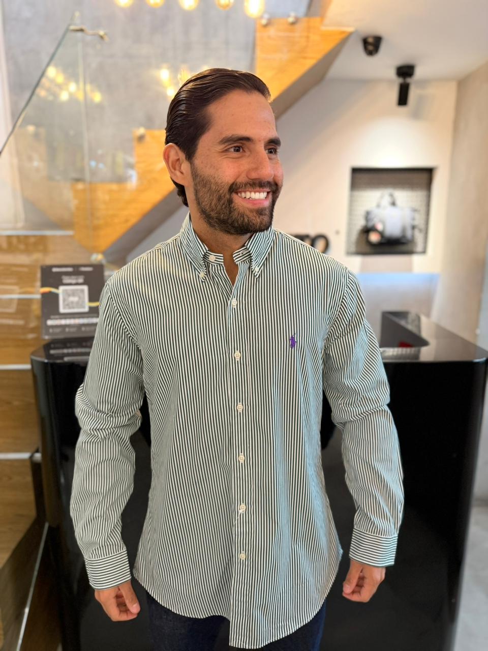 Camisa Polo R.L hombre Custom Fit Algodón Rayas Verdes Caballo morado