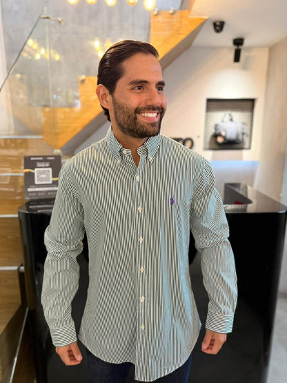 Camisa Polo R.L hombre Custom Fit Algodón Rayas Verdes Caballo morado