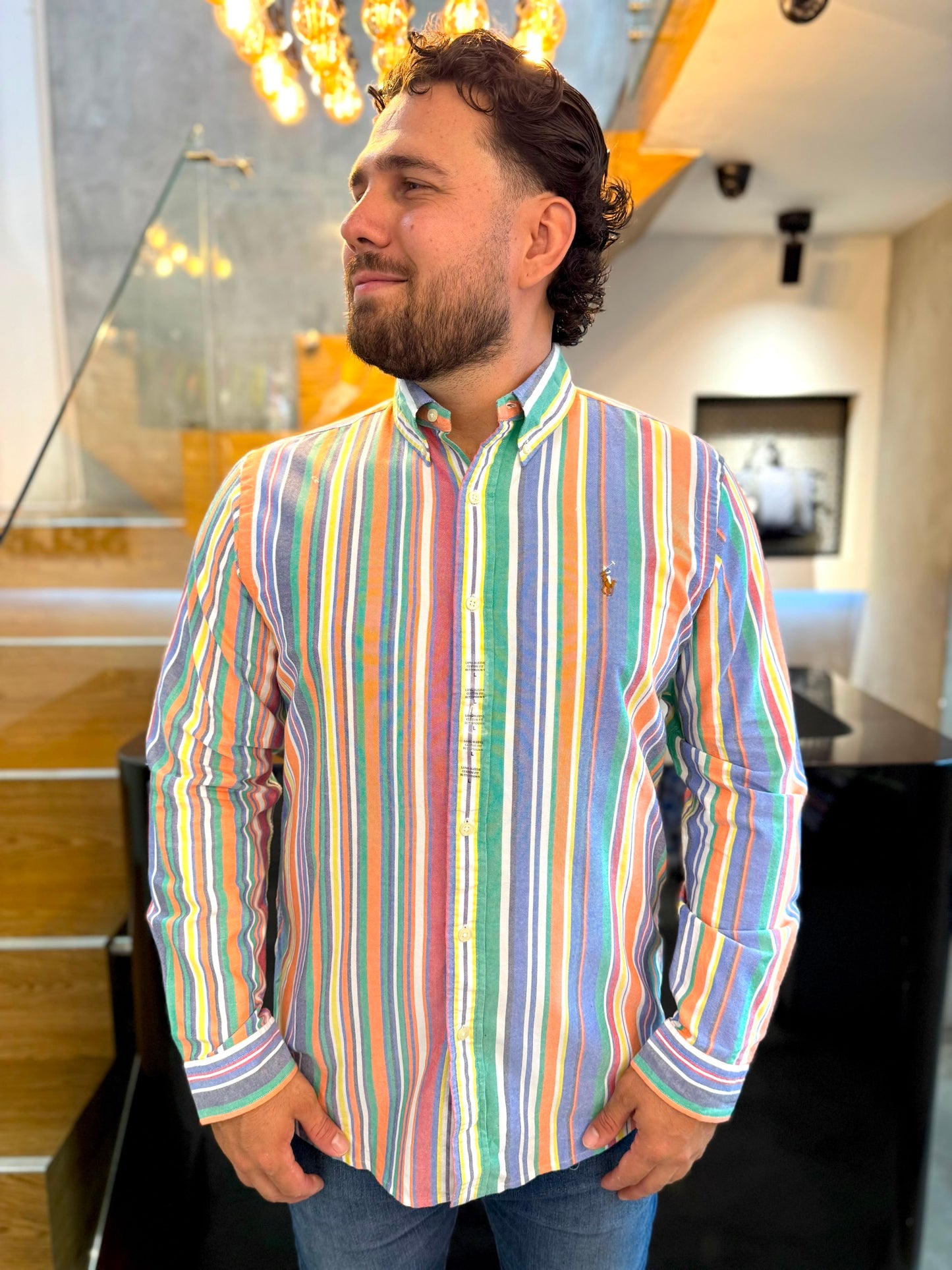 Camisa Polo R.L hombre Oxford Custom Fit Rayas Colores Caballo Multicolor
