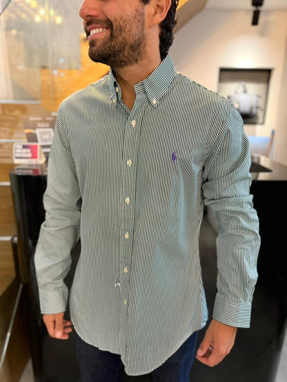 Camisa Polo R.L hombre Custom Fit Algodón Rayas Verdes Con Blanco Caballo Morado