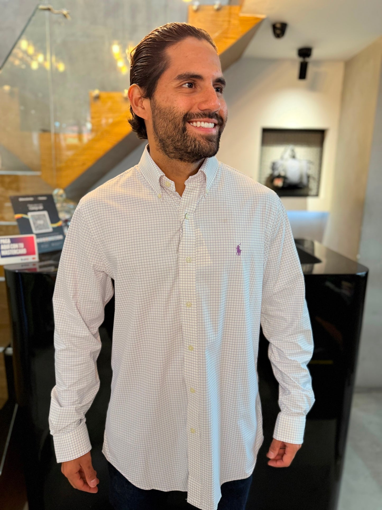 Camisa Polo R.L hombre Algodón Performance Cuadros Blancos Con Lila Caballo Uva