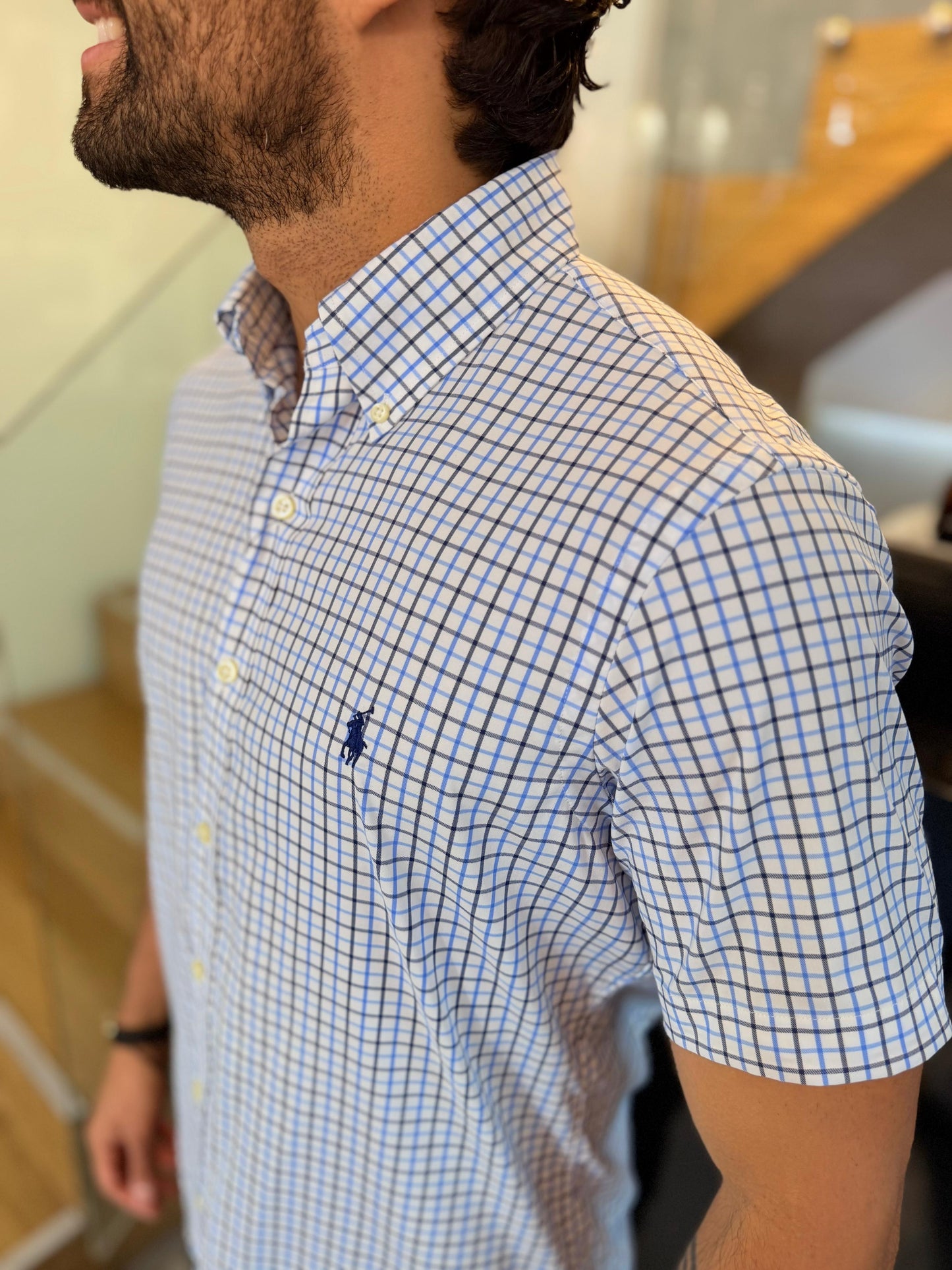 Camisa Polo R.L hombre Manga Corta Performance Cuadros Blancos Caballo Azul