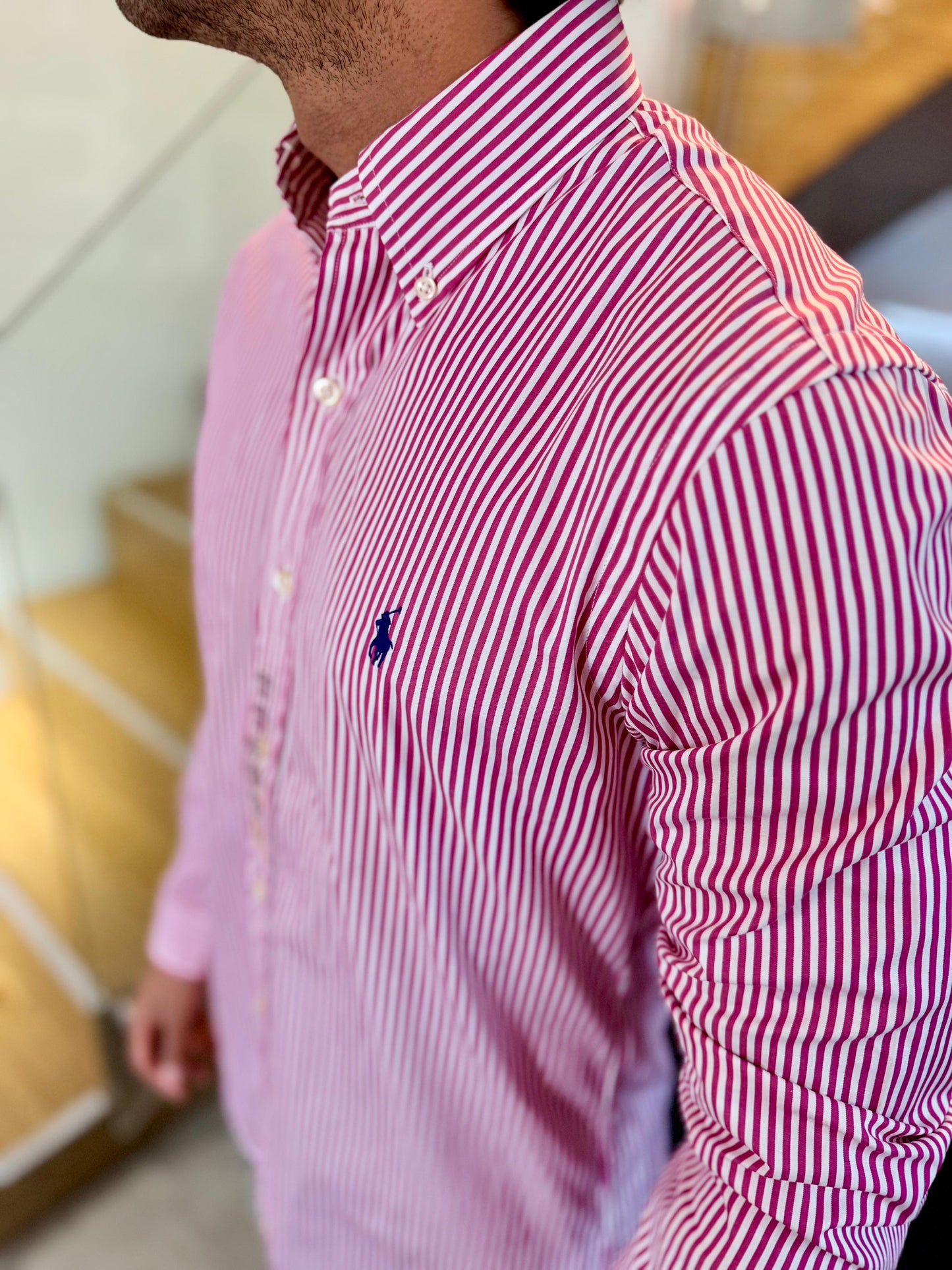 Camisa Polo R.L hombre Algodón Rayas Rosadas Con Blanco Caballo Azul