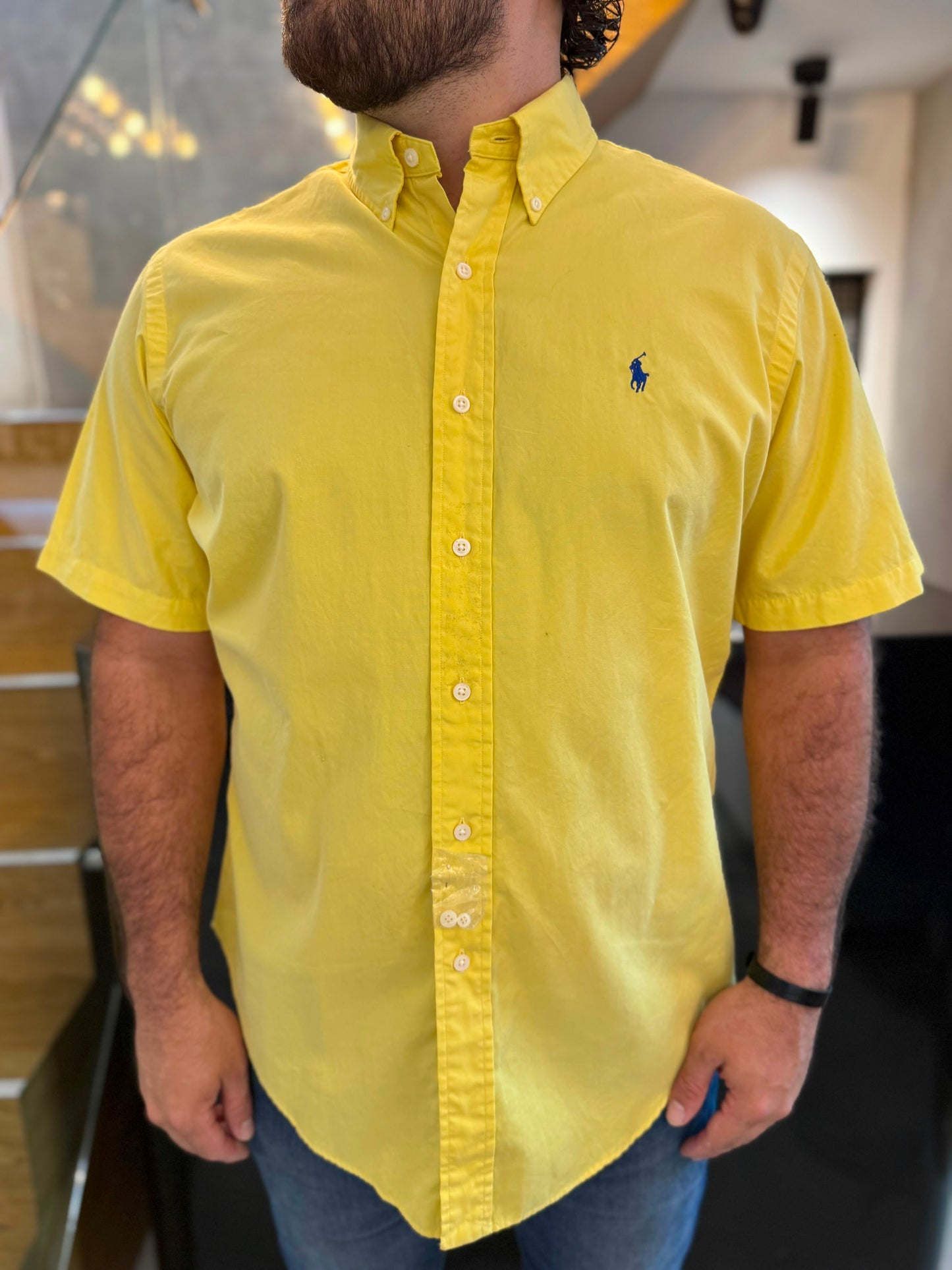 Camisa Polo R.L hombre Algodón Manga Corta Amarilla Caballo Azul