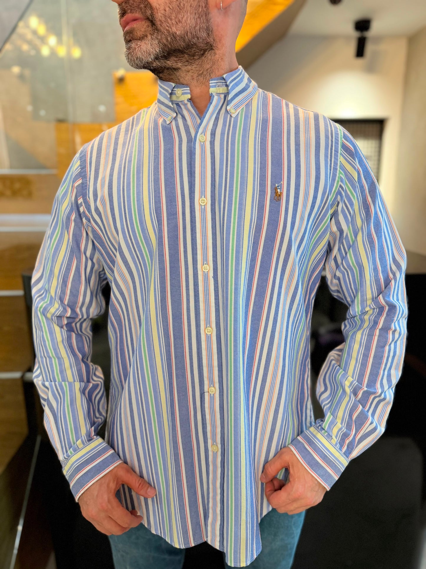 Camisa Polo R.L hombre Oxford Rayas Colores Caballo Multicolor