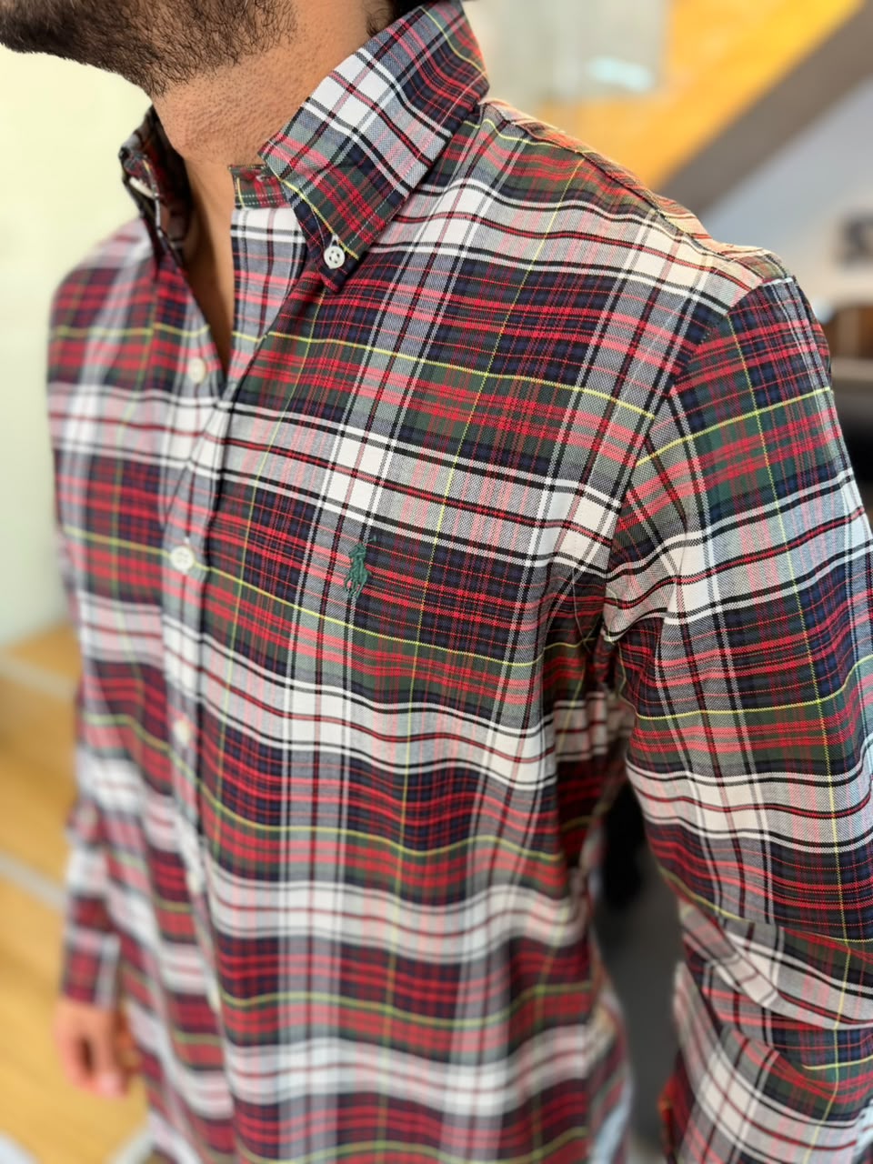 Camisa Polo R.L hombre Oxford Cuadros Rojos con Blanco Caballo Verde