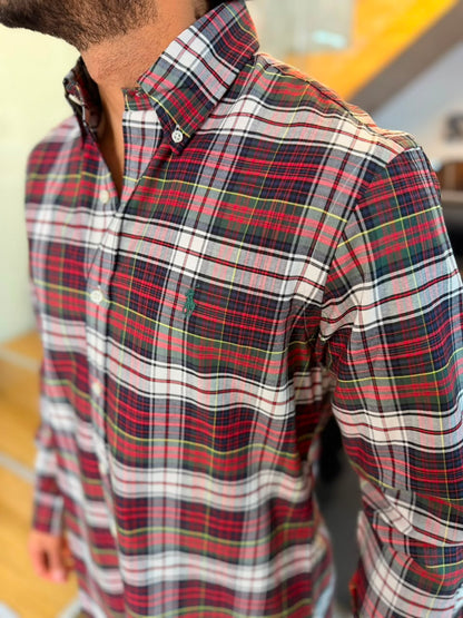 Camisa Polo R.L hombre Oxford Cuadros Rojos con Blanco Caballo Verde