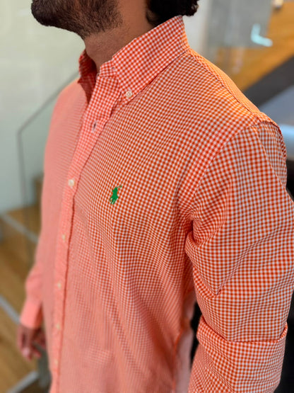 Camisa Polo R.L hombre Algodón Cuadros Naranjas Con Blanco Caballo Verde