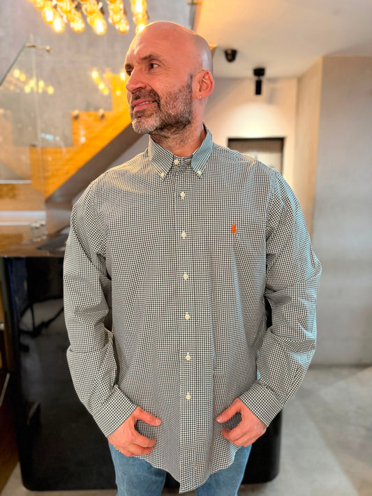 Camisa Polo R.L hombre Algodón Cuadros Verdes Con Blanco Caballo Naranja