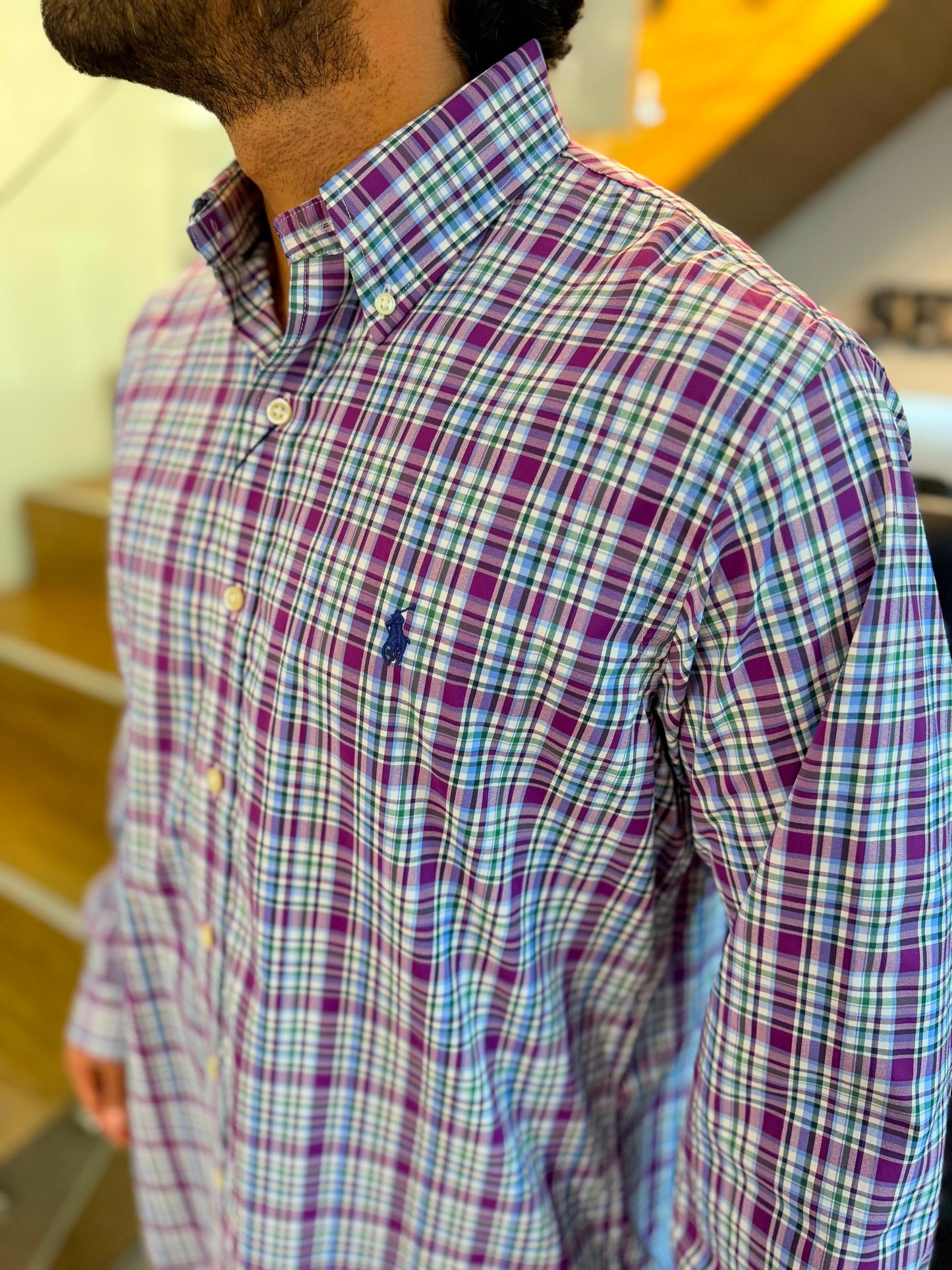 Camisa Polo R.L hombre Algodón Performance Cuadros Uva Con Verde Caballo Azul