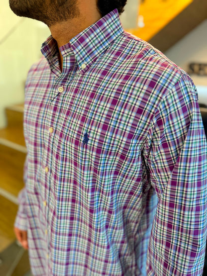 Camisa Polo R.L hombre Algodón Performance Cuadros Uva Con Verde Caballo Azul