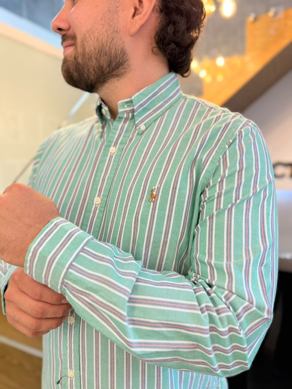 Camisa Polo R.L hombre Oxford Rayas Verdes Caballo Multicolor