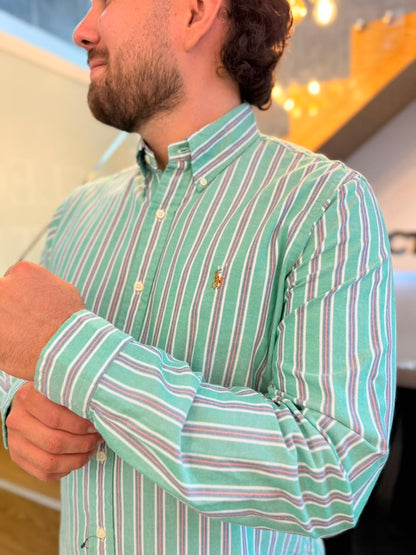 Camisa Polo R.L hombre Oxford Rayas Verdes Caballo Multicolor