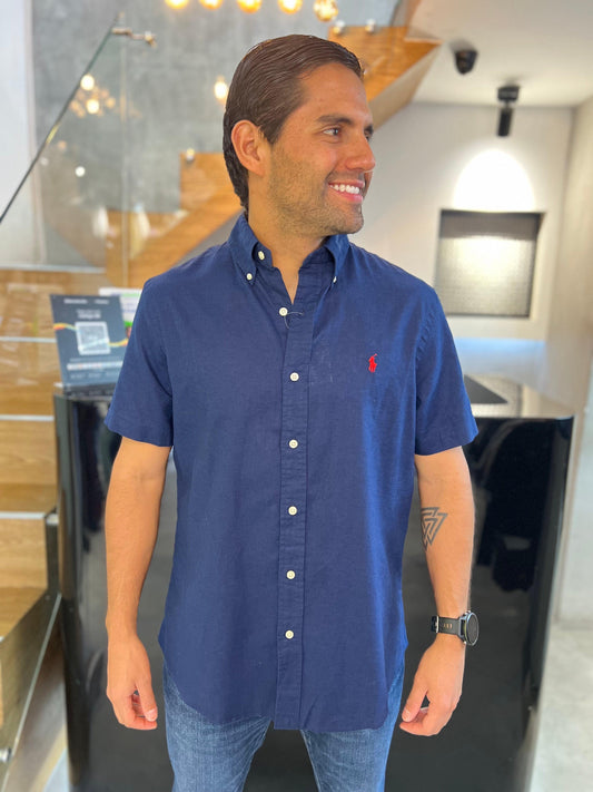 Camisa Polo R.L hombre Azul Manga Corta Lino