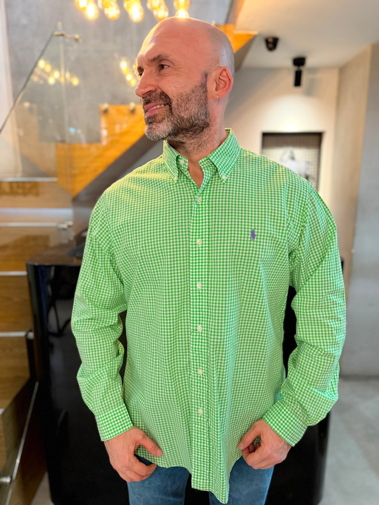 Camisa Polo R.L hombre Algodón Custom Fit Cuadros Verdes Con Blanco Caballo Morado