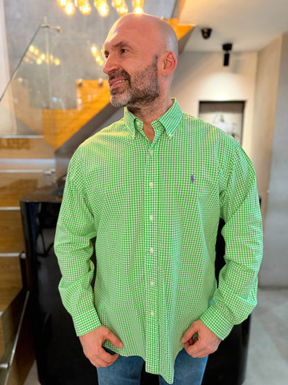 Camisa Polo R.L hombre Algodón Custom Fit Cuadros Verdes Con Blanco Caballo Morado