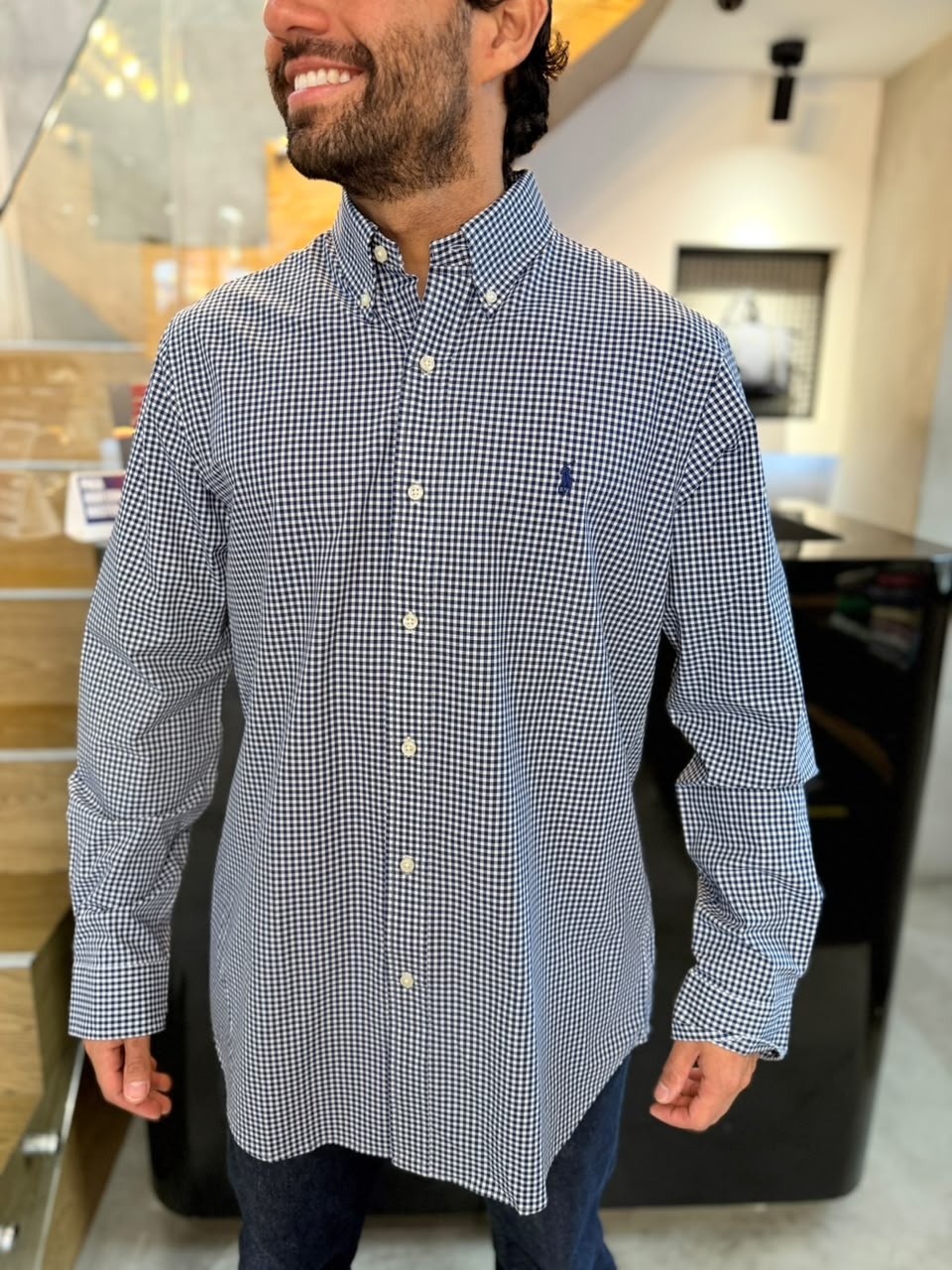 Camisa Polo R.L hombre Algodón Cuadros Azules Con Blanco Caballo Azul