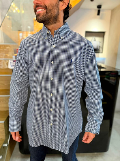 Camisa Polo R.L hombre Algodón Cuadros Azules Con Blanco Caballo Azul
