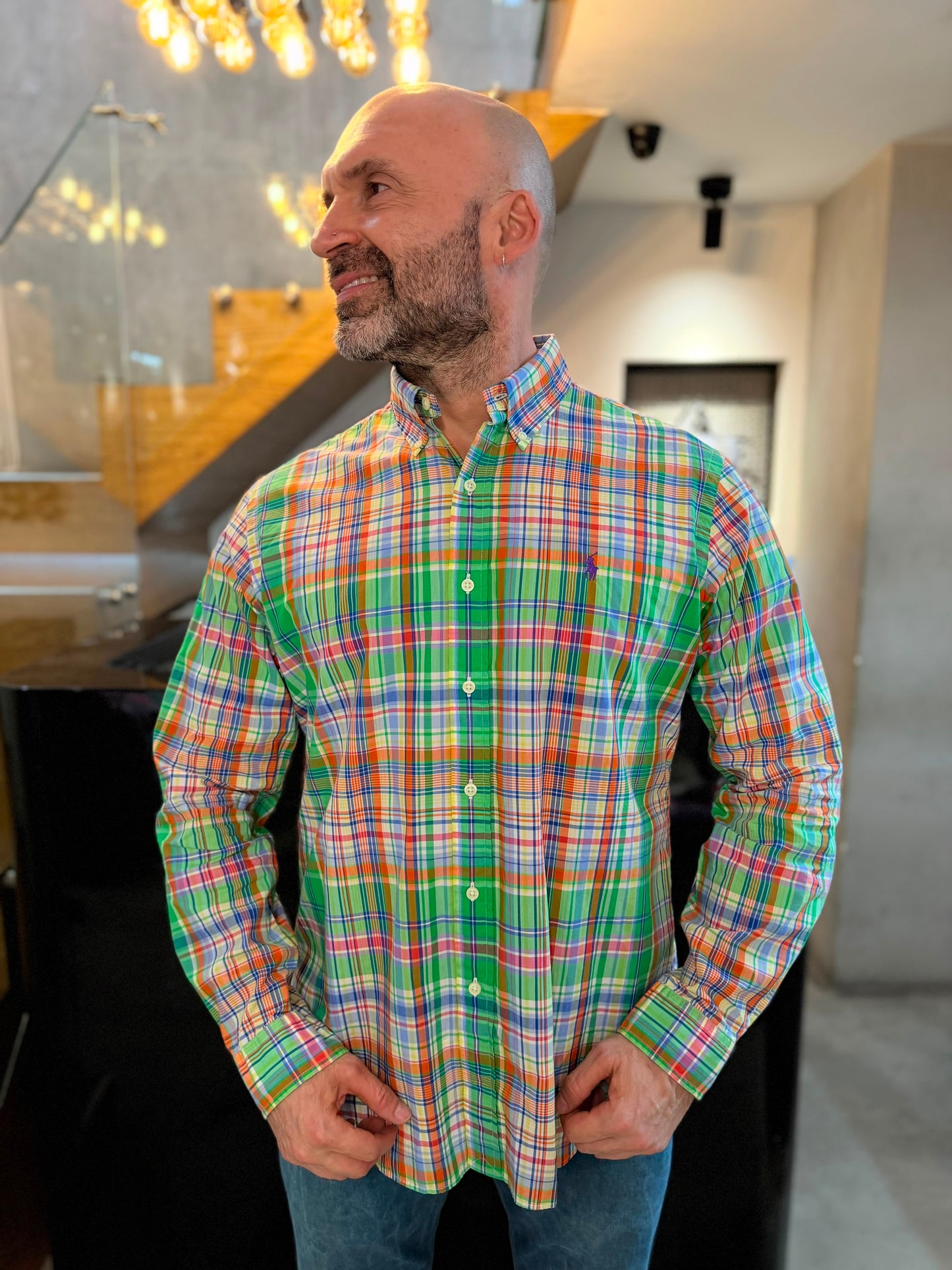 Camisa Polo R.L hombre Algodón Cuadros Naranjas Con Verde Caballo Morado