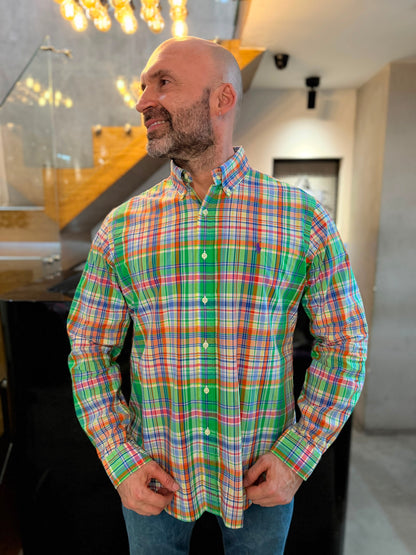 Camisa Polo R.L hombre Algodón Cuadros Naranjas Con Verde Caballo Morado