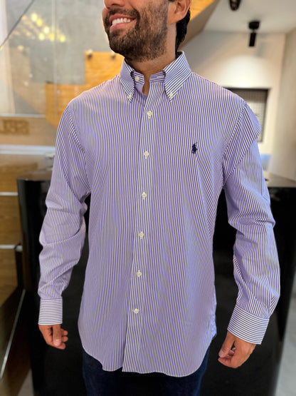 Camisa Polo R.L hombre Algodón Custom Fit Rayas Moradas Con Blanco Caballo Azul