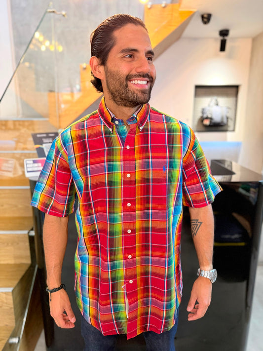 Camisa Polo R.L hombre Manga Corta Lino Cuadros Rojos Caballo Azul