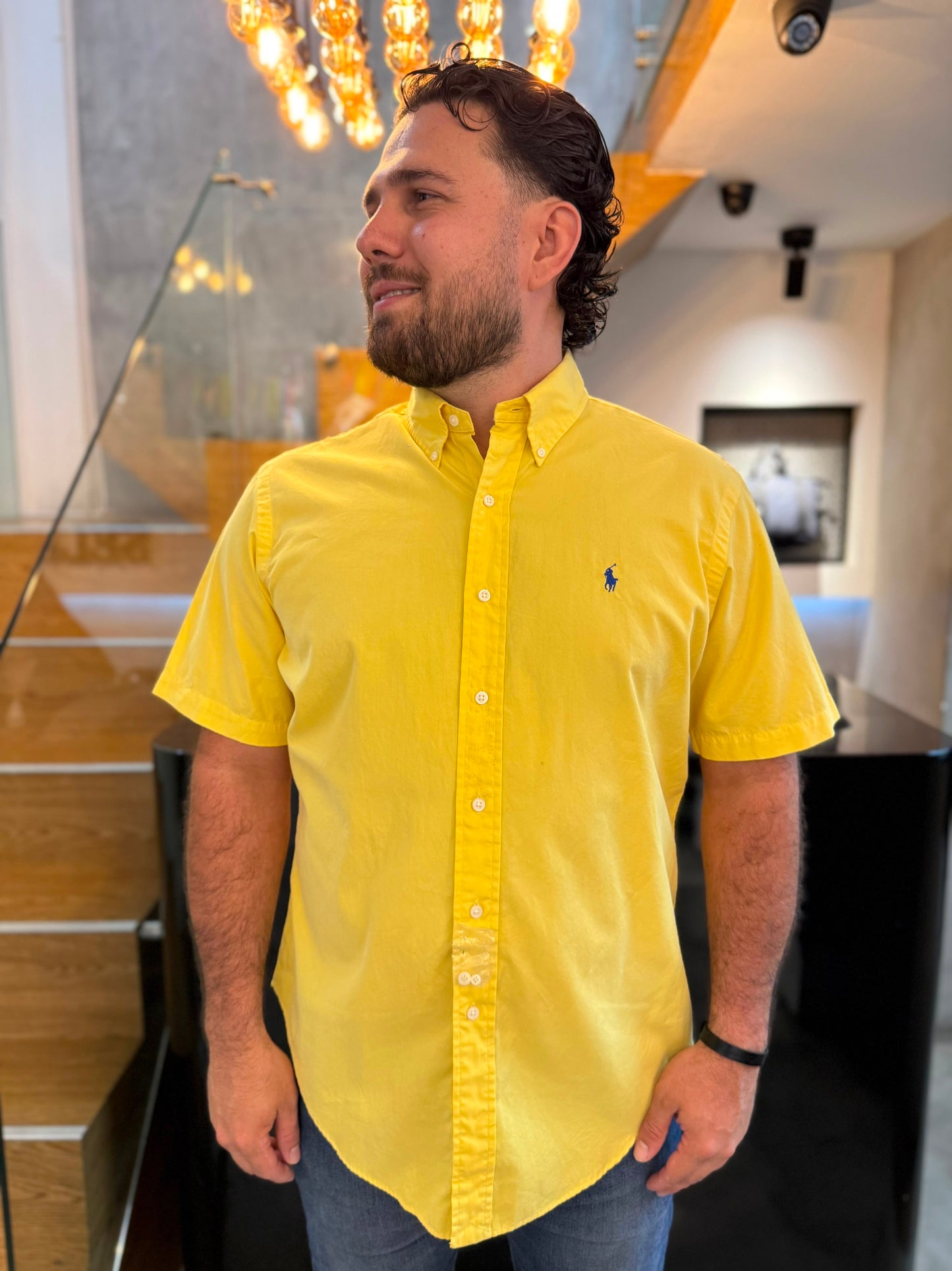 Camisa Polo R.L hombre Algodón Manga Corta Amarilla Caballo Azul