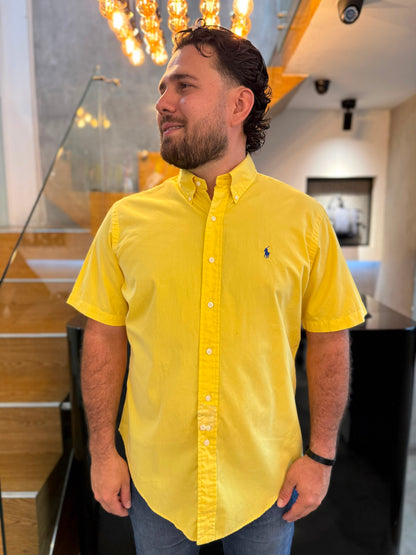 Camisa Polo R.L hombre Algodón Manga Corta Amarilla Caballo Azul