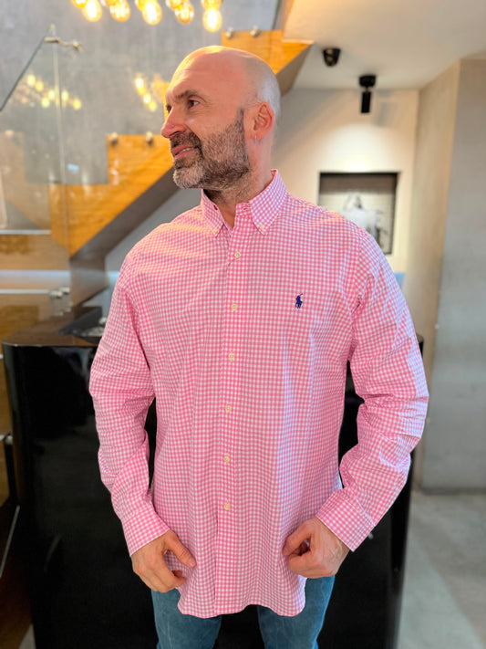 Camisa Polo R.L hombre Algodón Cuadros Rosados Con Blanco Caballo Azul