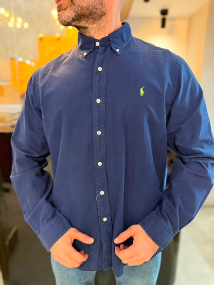Camisa Polo R.L hombre Oxford  Azul Oscura Caballo Verde Neón