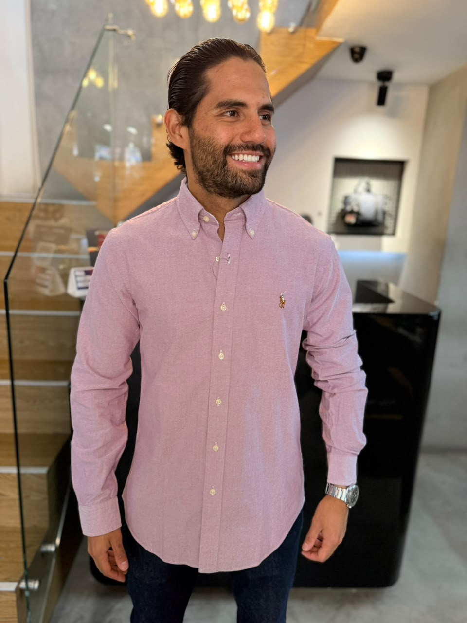 Camisa Polo R.L hombre Oxford Custom Fit  Lila Caballo Multicolor