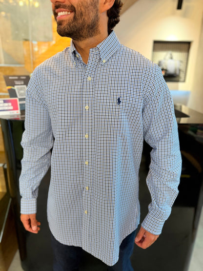 Camisa Polo R.L hombre Algodón Cuadros Azules Con Blanco Caballo Azul