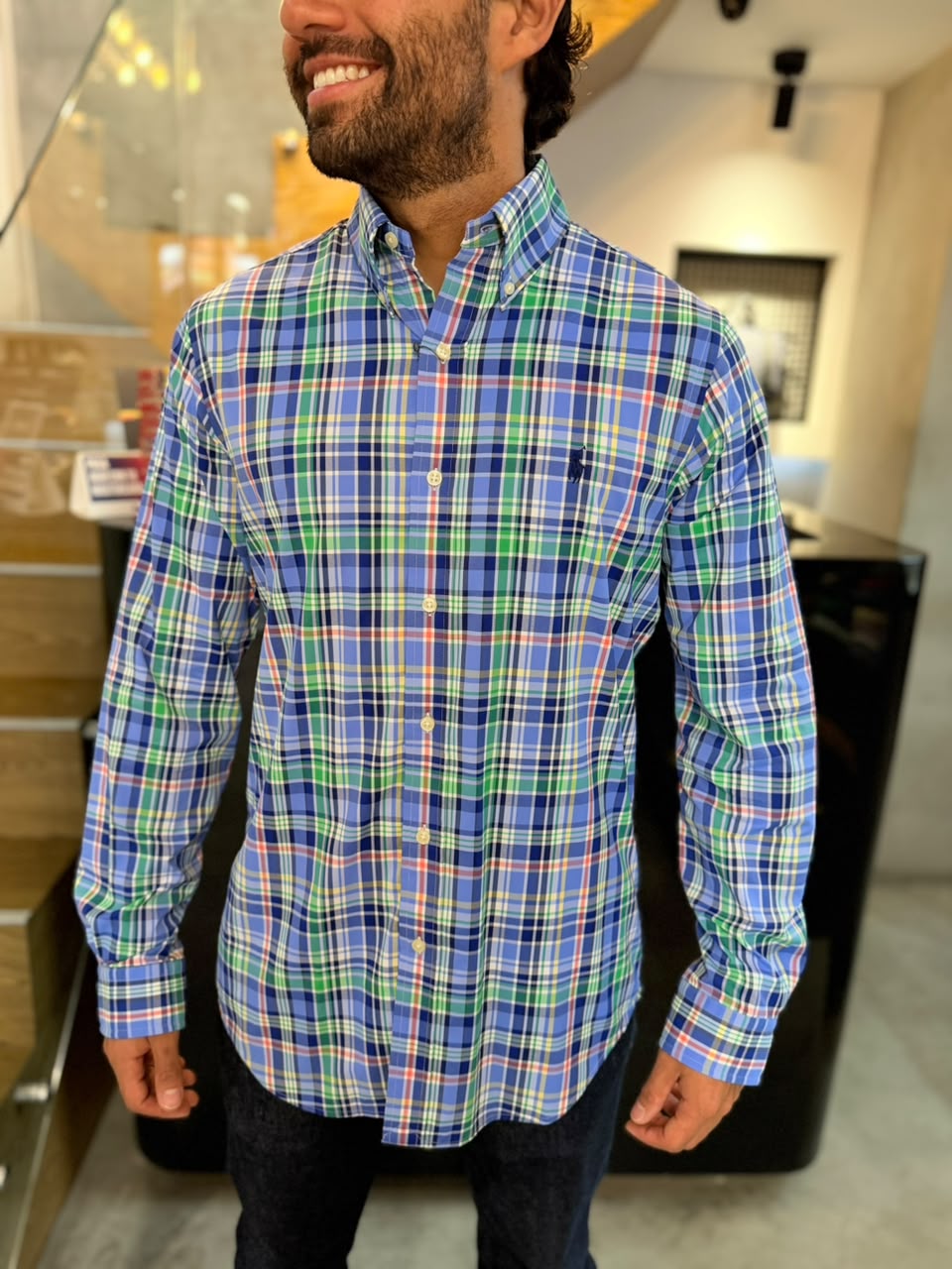 Camisa Polo R.L hombre Algodón Performance Cuadros Azules Caballo Azul