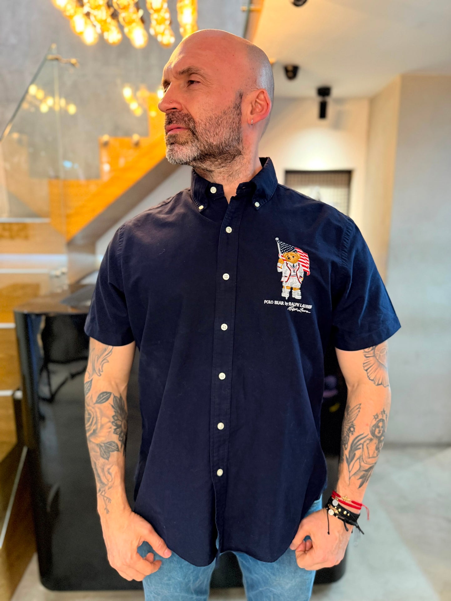 Camisa Polo R.L hombre Oxford Azul Oscura Manga Corta Edición Polo Bear