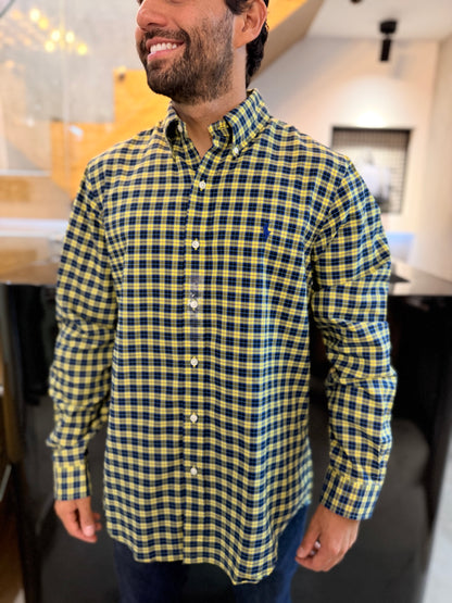 Camisa Polo R.L hombre Algodón Cuadros Azules Con Amarillo Caballo Azul
