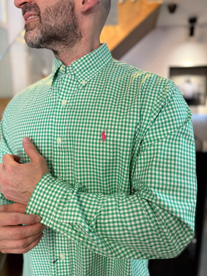 Camisa Polo R.L hombre Algodón Cuadros Verdes Con Blanco Caballo Fucsia