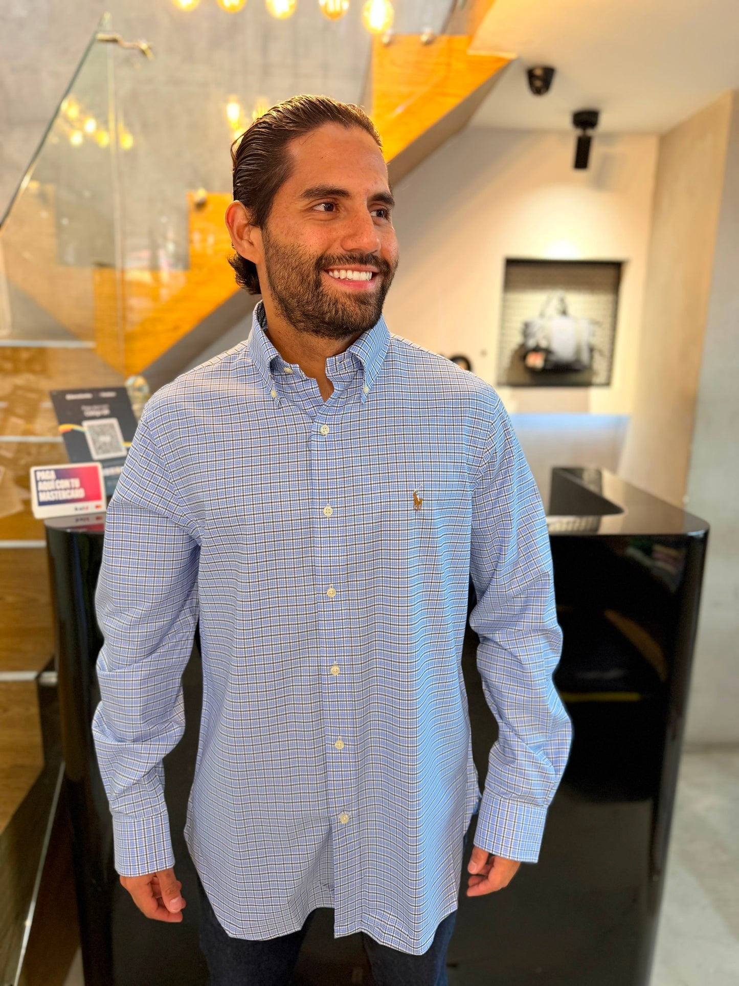 Camisa Polo R.L hombre Algodón Cuadros Celestes Con Negro Caballo Multicolor