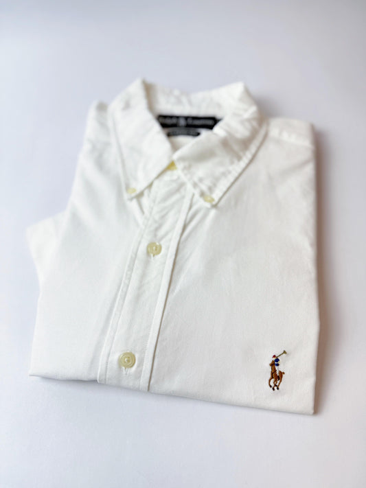 Camisa Polo R.L hombre Oxford Blanca Manga Corta Slim Fit
