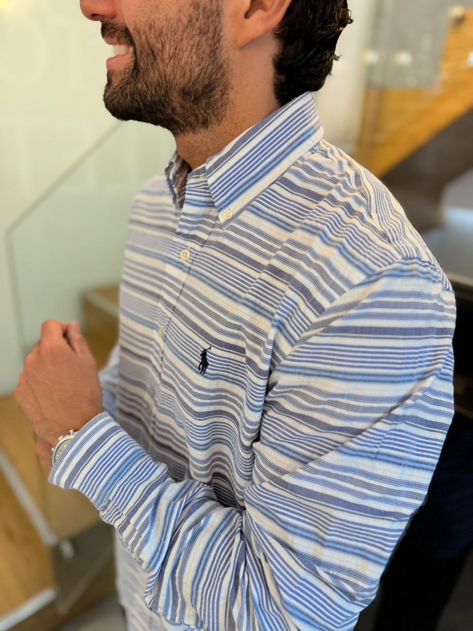 Camisa Polo R.L hombre Galleta Rayas Azules Con Blanco Caballo Negro