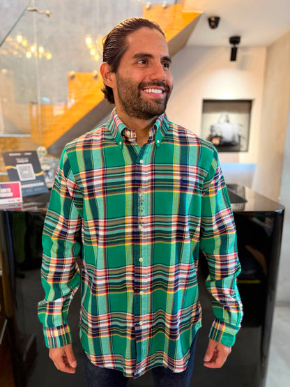 Camisa Polo R.L hombre Algodón Grueso Cuadros Verdes Caballo Azul