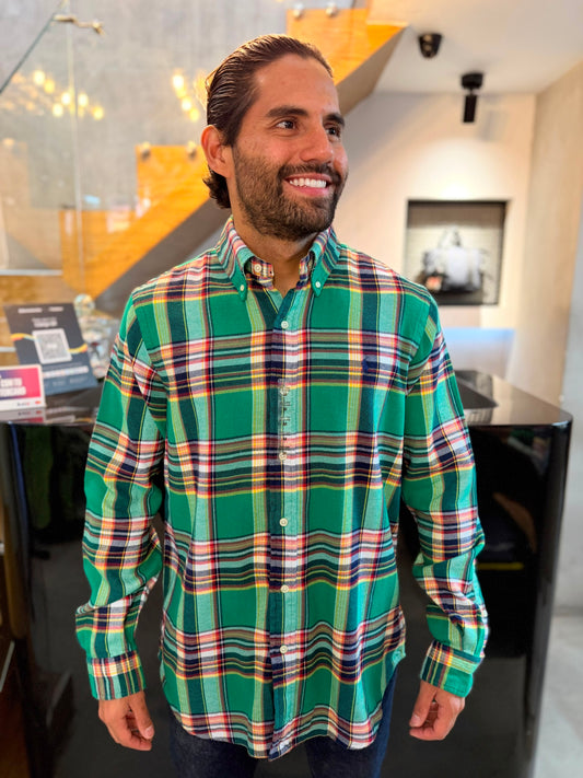 Camisa Polo R.L hombre Algodón Grueso Cuadros Verdes Caballo Azul