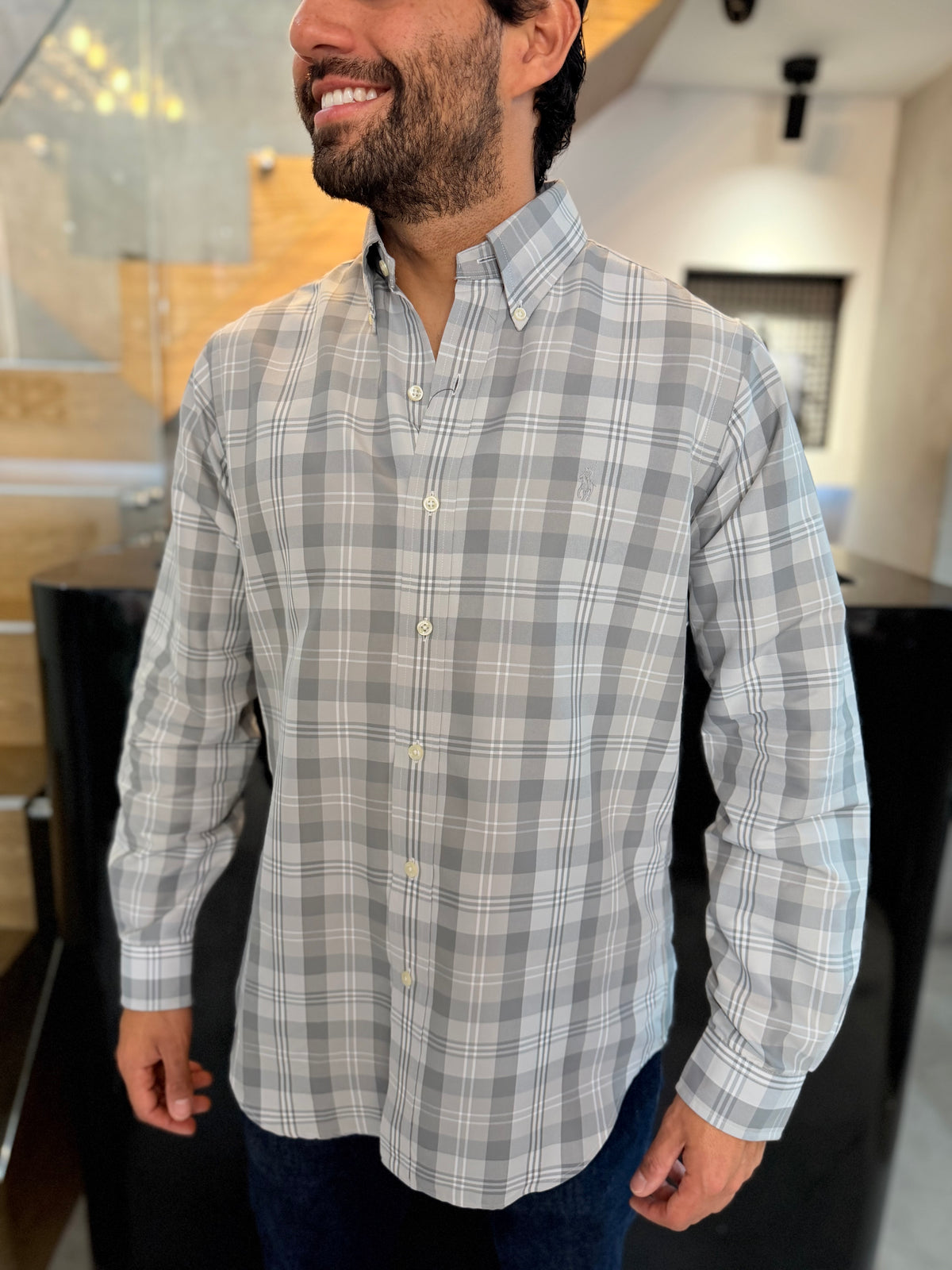 Camisa Polo R.L hombre Algodón Cuadros Grises Caballo Gris