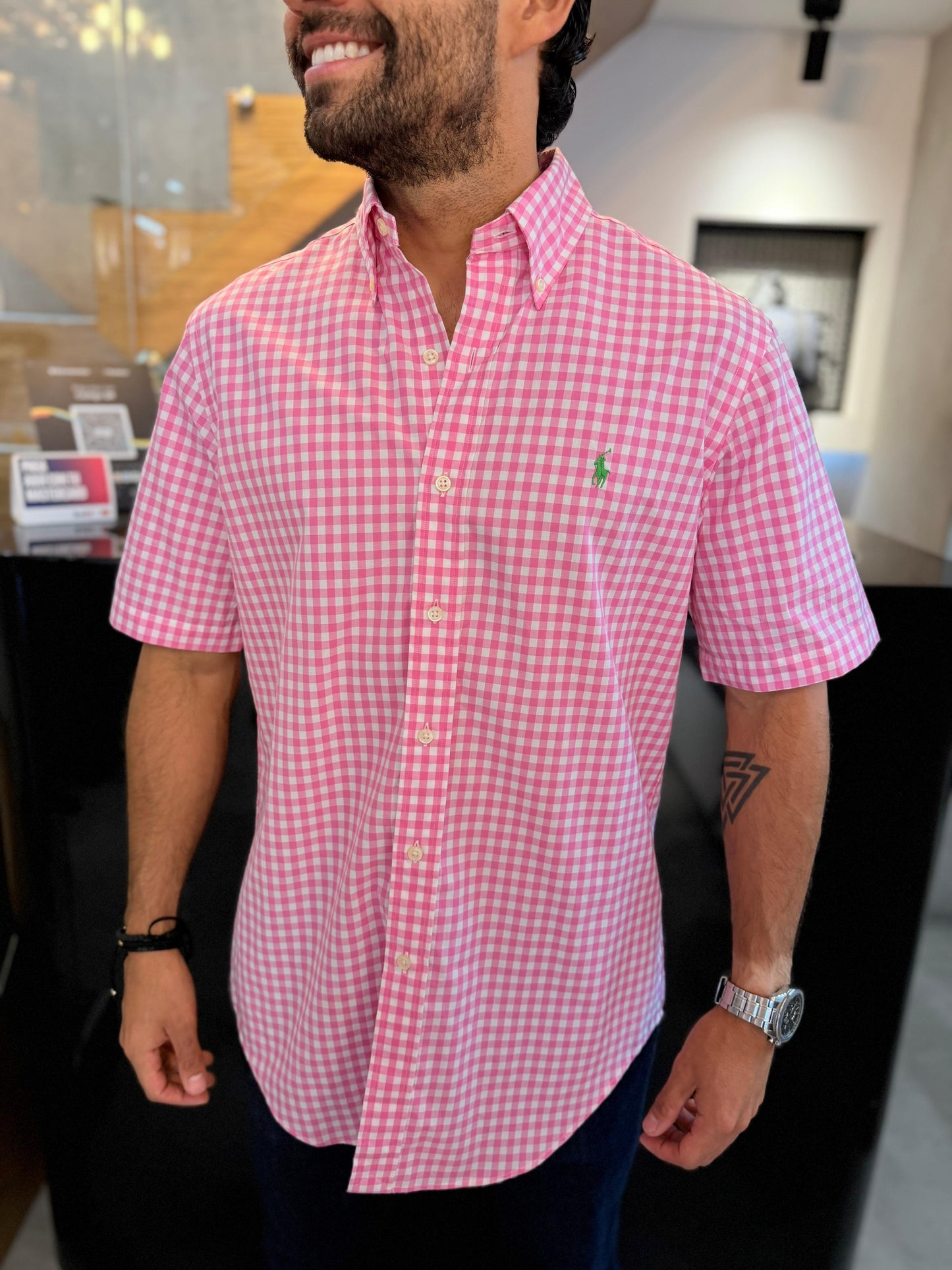 Camisa Polo R.L hombre Manga Corta Algodón Cuadros Rosados Con Blanco Caballo Verde
