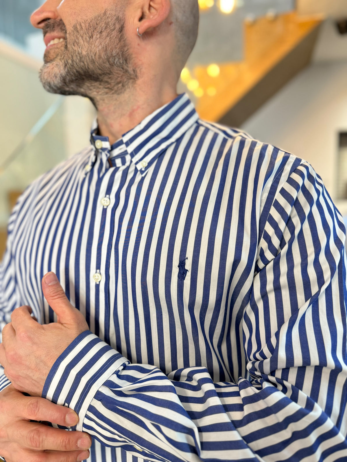 Camisa Polo R.L hombre Algodón Rayas Azules Con Blanco Caballo Azul
